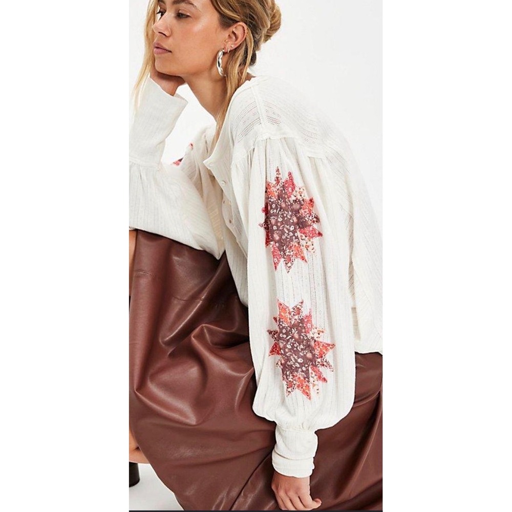 Free People Quinn Quilt Cuff Henley Top M - Picture 1 of 8